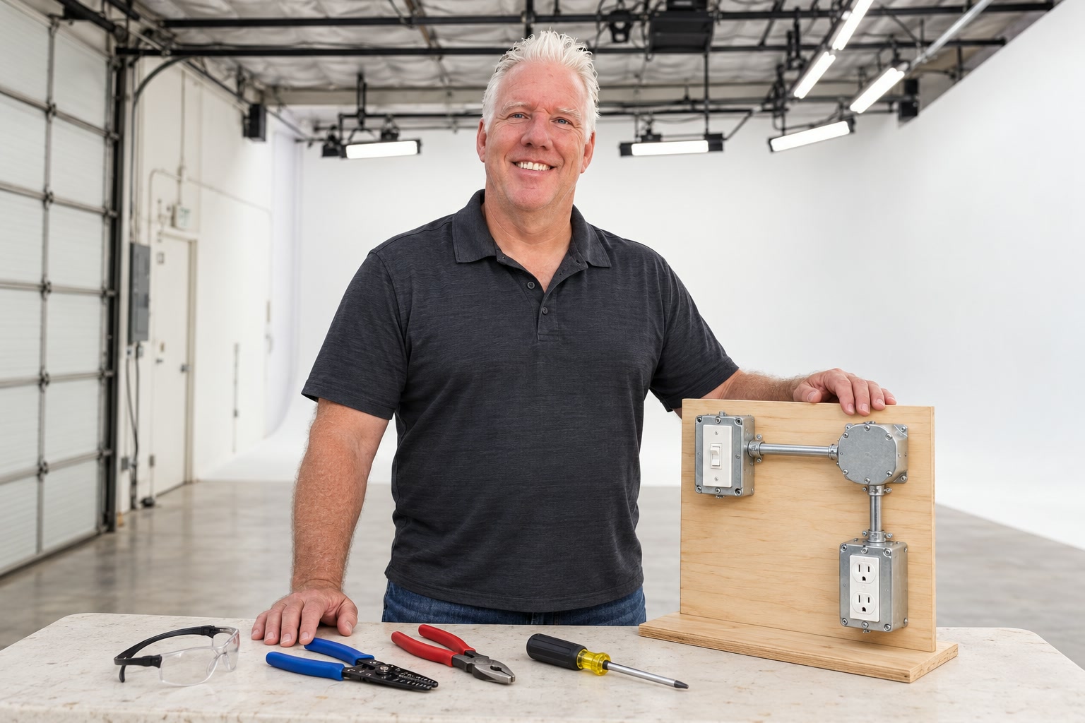 Brian Hallowell, veteran electrician and instructor, standing at a work table with hand tools and a wooden wiring practice board with a switch, conduit and an outlet, in the white studio
